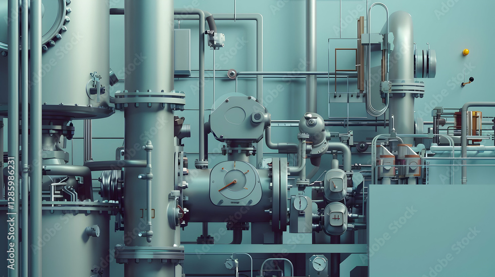 Industrial machinery with pipes and gauges in a blue environment showcasing complex systems Industrial machinery with pipes and gauges in a blue environment showcasing complex systems