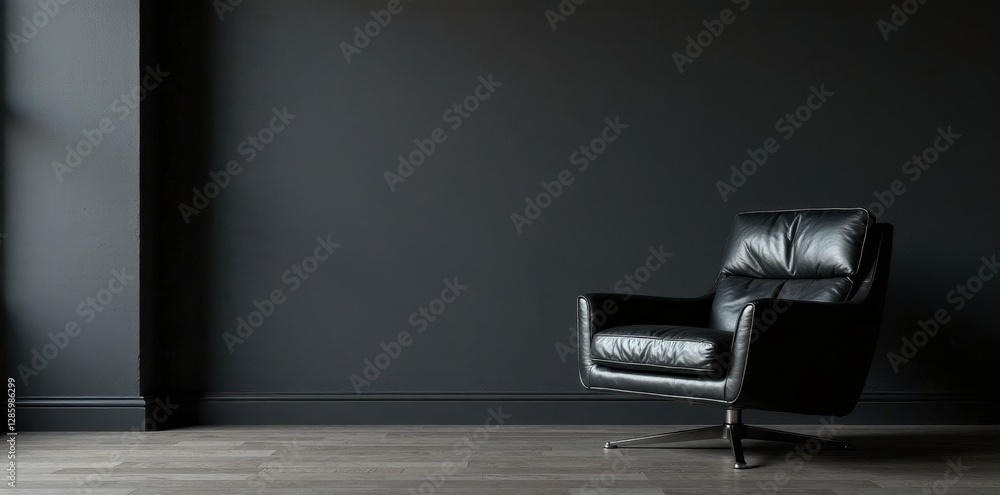Obraz premium Black leather armchair against dark wall Dramatic interior scene , shadow, modern, stylish