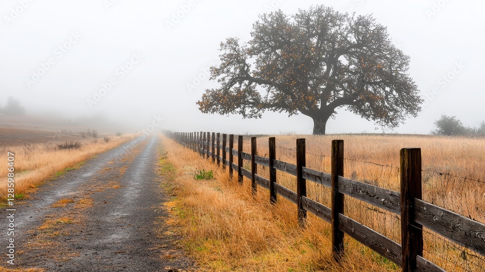 Foggy Country Road Wooden Fence and Solitary Oak Tree in Autumnal Field Foggy Country Road Wooden Fence and Solitary Oak Tree in Autumnal Field
