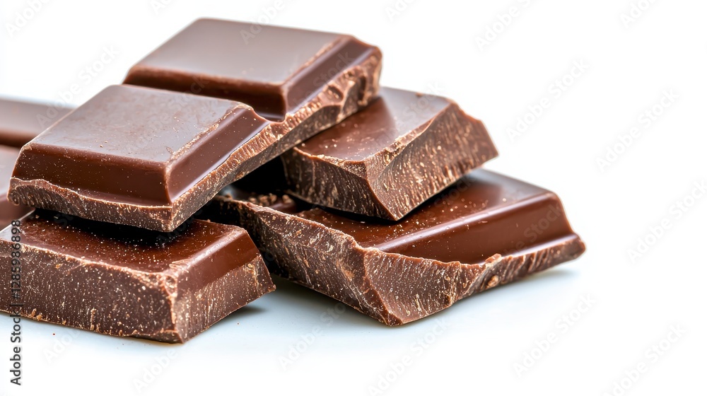 A delectable pile of smooth chocolate pieces invitingly displayed on a clean white background, perfect for culinary artistry A delectable pile of smooth chocolate pieces invitingly displayed on a clean white background, perfect for culinary artistry
