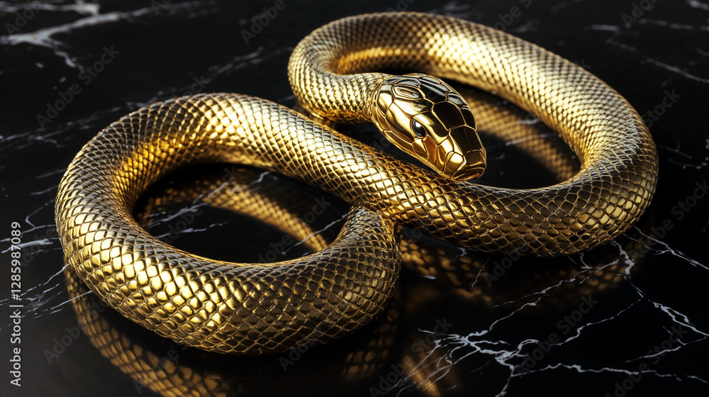 Fototapeta premium Golden snake sculpture on black marble background
