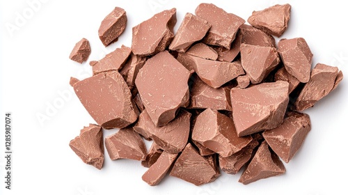 An enticing pile of chocolate chunks displayed on a clean white surface ideal for food photography and culinary creations