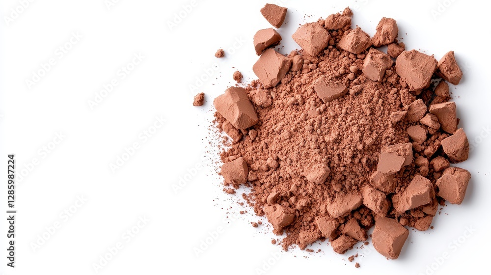 A rich pile of fine chocolate powder on a pure white background, highlighting the luxurious and decadent nature of chocolate A rich pile of fine chocolate powder on a pure white background, highlighting the luxurious and decadent nature of chocolate