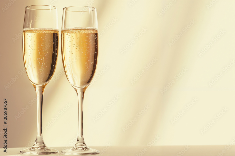 Two champagne glasses with sparkling wine in soft warm light Two champagne glasses with sparkling wine in soft warm light