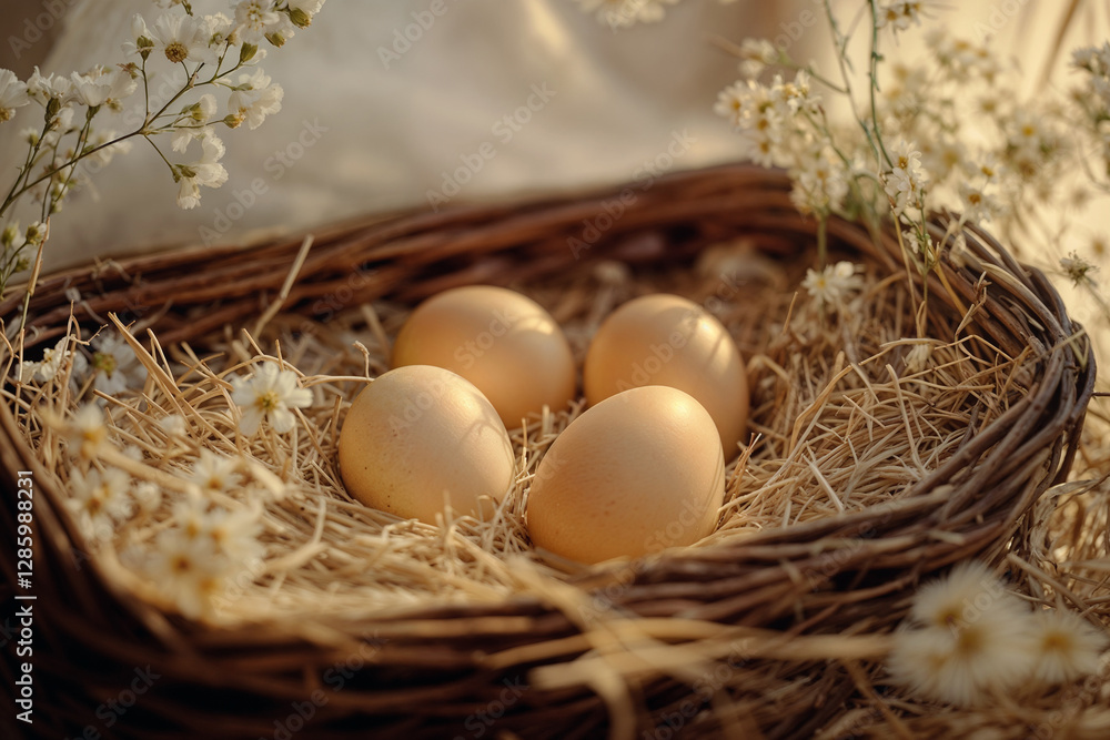 Four brown eggs in a wicker nest with dried flowers and straw Four brown eggs in a wicker nest with dried flowers and straw