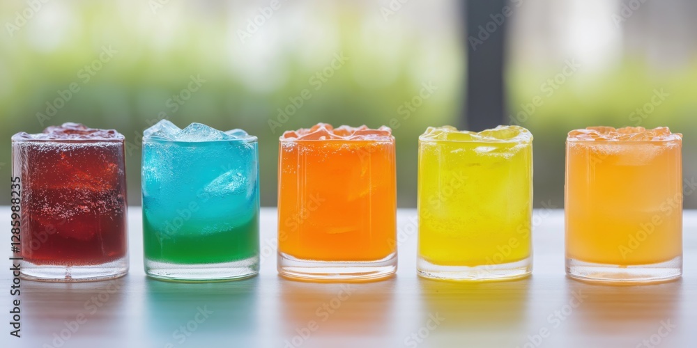 A table with a row of six glasses filled with various colored drinks. The glasses are of different sizes and are arranged in a row. The drinks inside the glasses are of different colors A table with a row of six glasses filled with various colored drinks. The glasses are of different sizes and are arranged in a row. The drinks inside the glasses are of different colors