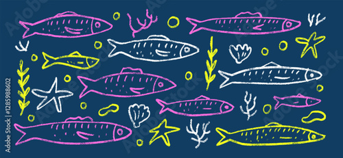 Fishes line doodle set. Sardines hand drawn scribble School of fish in the sea. Vector colorful nautical illustration by pencil isolated. Crayon or chalk naive underwater life.