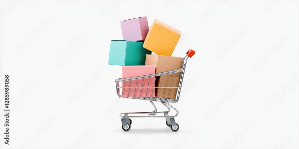 A shopping cart is full of boxes and is being pushed. The cart is colorful and has a playful vibe A shopping cart is full of boxes and is being pushed. The cart is colorful and has a playful vibe