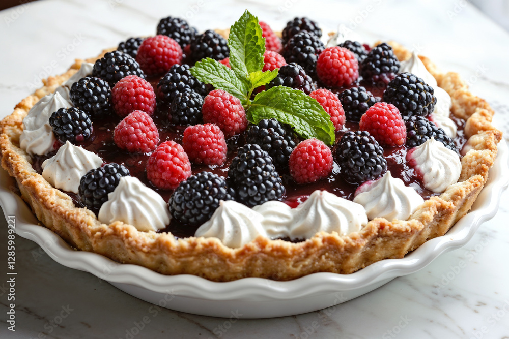 Fresh mixed berry pie with whipped cream and mint garnish Fresh mixed berry pie with whipped cream and mint garnish