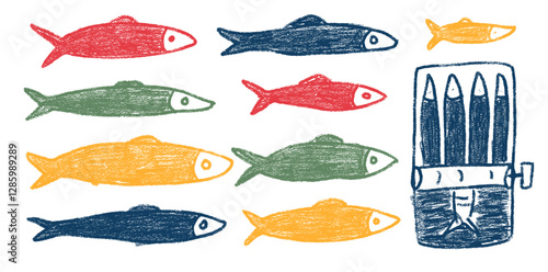 Sardines crayon doodle set. Canned fish hand drawn scribble. Tinned fishes. Open sardine tin. Vector conserve eat illustration by pencil isolated on white background. Chalk naive seafood illustration.