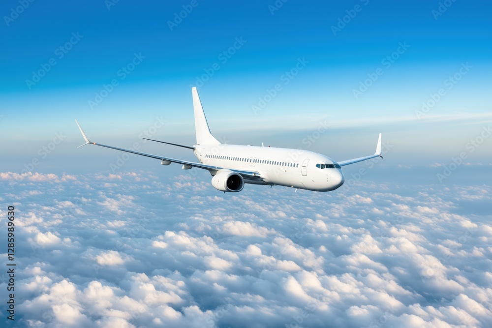 Obraz premium A white airplane is flying through a cloudy sky. The clouds are white and fluffy, and the sky is blue. The airplane is the main focus of the image, and it is soaring through the air with ease