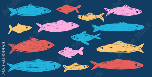 Fishes doodle set. Sardines hand drawn scribble School of fish in the sea. Vector colorful nautical illustration by pencil isolated. Crayon or chalk naive underwater life.