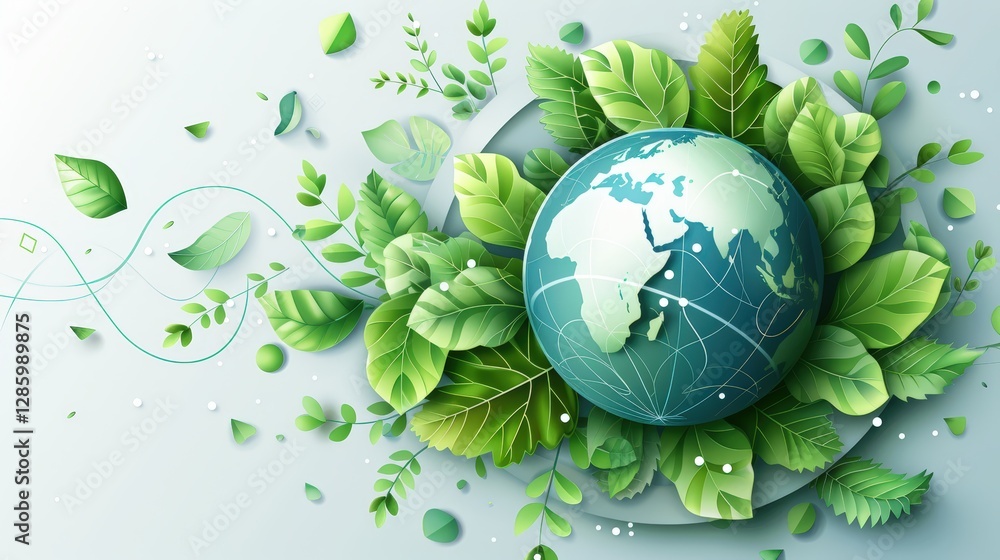 Earth surrounded by green leaves, sustainable design, environmental concept Earth surrounded by green leaves, sustainable design, environmental concept