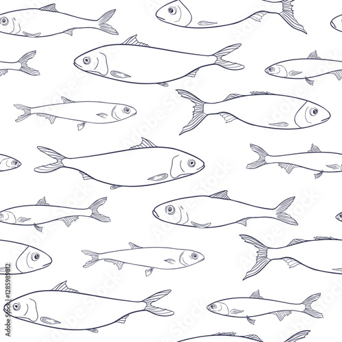 Anchovies black white vector seamless pattern isolated. Sea fishes contour hand drawn on monochrome repeated background. Silhouette Sardines, herring fish line art for design packaging, textile.