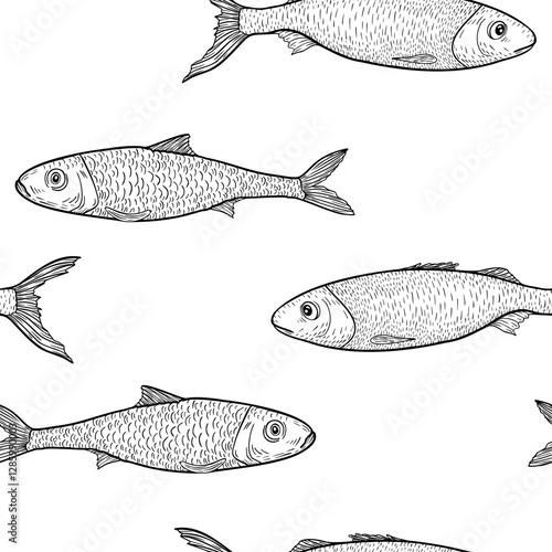 Sardine vector seamless pattern black white. Hand drawn sprat and anchovy repeated texture. Monochrome ocean fish background for packaging, textile, marine decor, and nautical themed designs.
