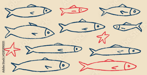 Fishes line doodle set. Sardines hand drawn scribble School of fish in the sea. Vector colorful nautical illustration by pencil isolated. Crayon or chalk naive underwater life.