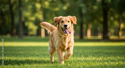 Cachorro feliz corriendo en un parque iluminado por el sol photo