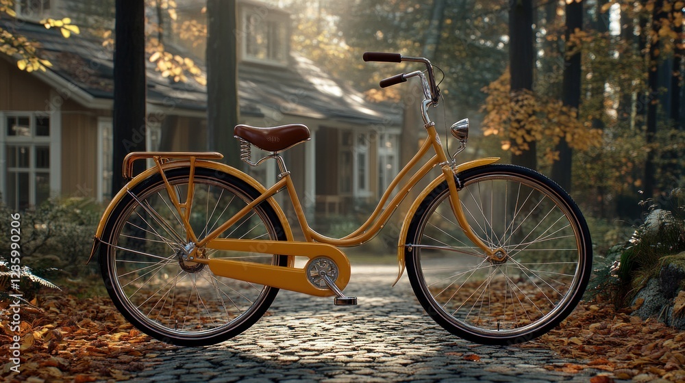 Fototapeta premium Vintage yellow bike on cobblestone path, autumnal homes in background