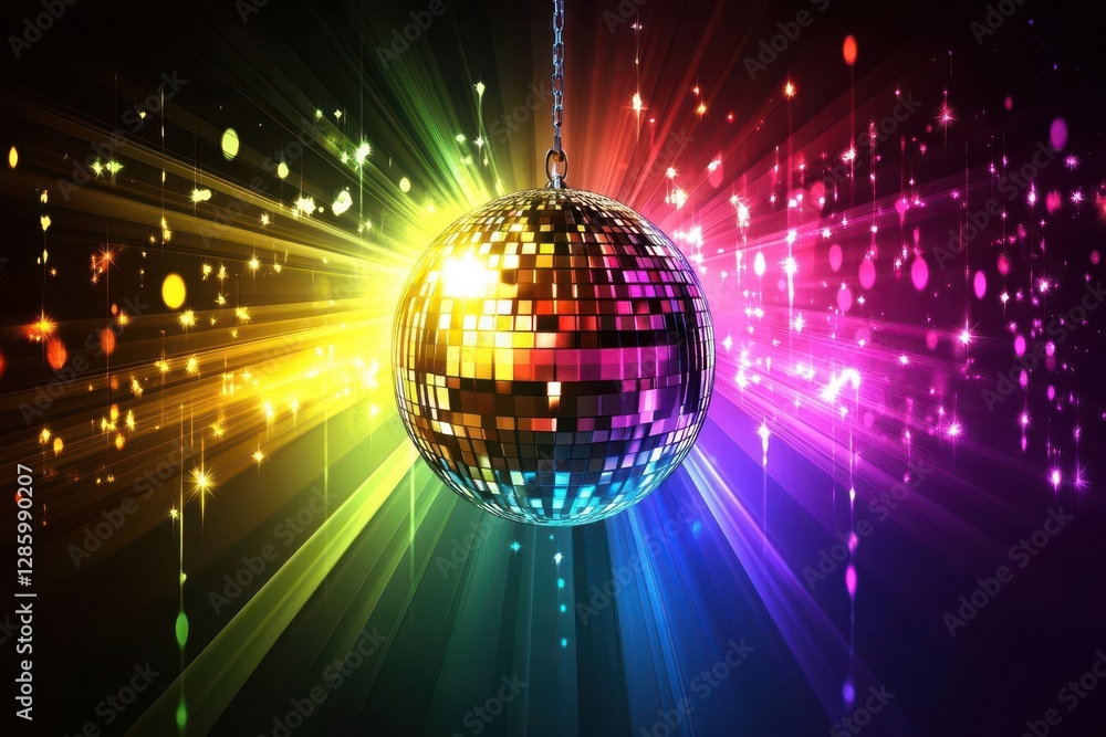 rotating disco ball suspended in dark space refracting rainbow light beams across a moody nightclub atmosphere dramatic spotlights creating dynamic patterns