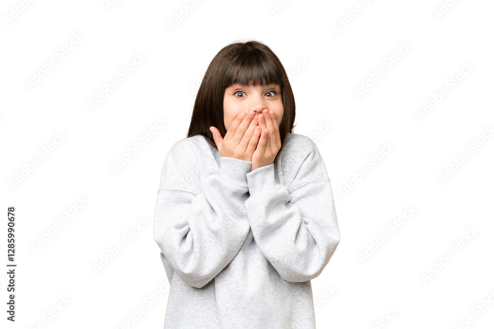 Little girl over isolated green chroma key background happy and smiling covering mouth with hands Little girl over isolated green chroma key background happy and smiling covering mouth with hands