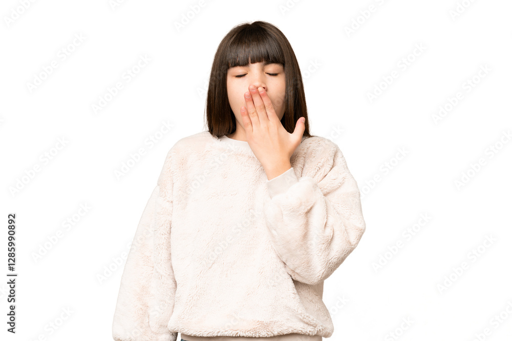 Little girl over isolated green chroma key background yawning and covering wide open mouth with hand Little girl over isolated green chroma key background yawning and covering wide open mouth with hand