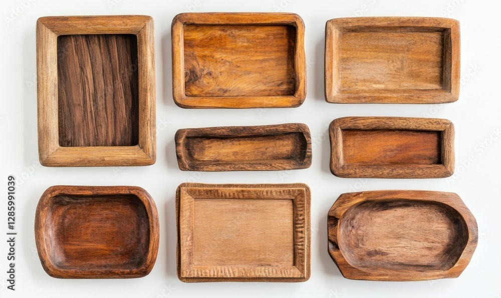 Collection of handmade wooden trays arranged neatly on a white surface showcasing unique craftsmanship and natural variations in wood grain Collection of handmade wooden trays arranged neatly on a white surface showcasing unique craftsmanship and natural variations in wood grain
