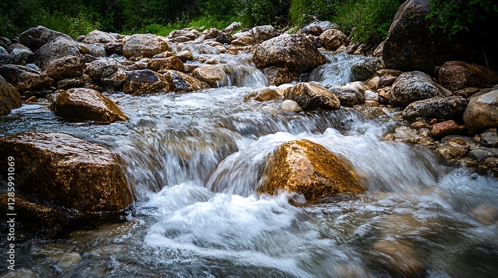 Fototapeta premium Cascading Mountain Stream Flowing Over Rocks a Refreshing Natural Scene