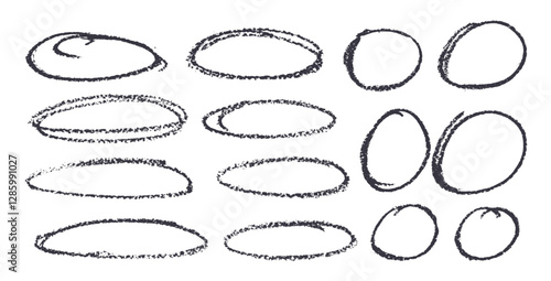 Grunge scribble oval frames pack. Freehand ellipse scrawl set. Crayon hand drawn highlight chalk border shapes collection. Underline circular mark. Vector illustration isolated on white background.