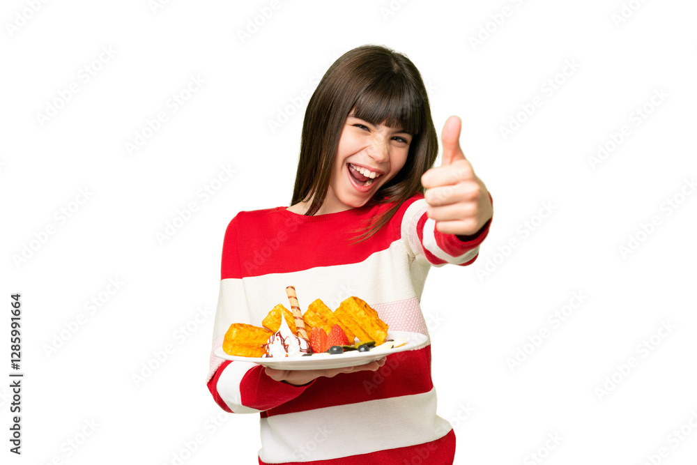 Little girl holding waffles over isolated chroma key background with thumbs up because something good has happened Little girl holding waffles over isolated chroma key background with thumbs up because something good has happened
