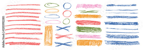 Chalk collage emphasis elements. Crayon underline, oval, rectangle set. Pencil scribble cross, circles pack. Vector hand drawn brush stroke collection illustration on white background.
