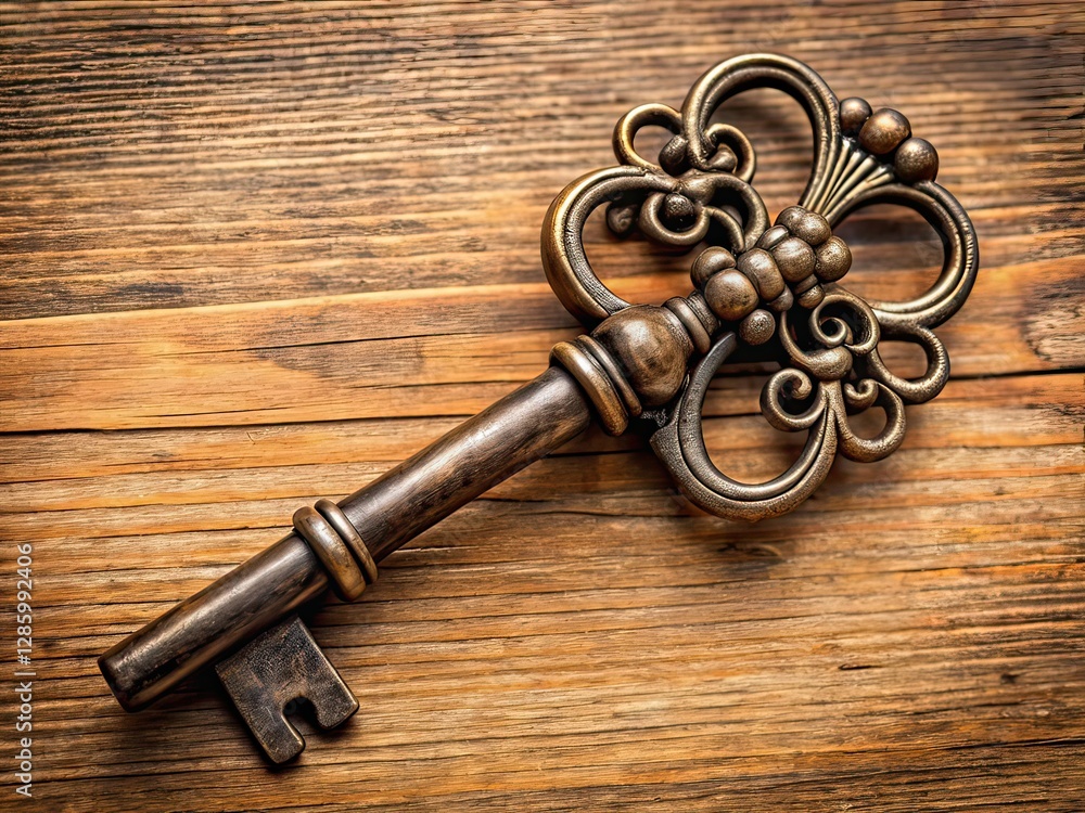 Ornate Antique Key on Rustic Wooden Surface Ornate Antique Key on Rustic Wooden Surface