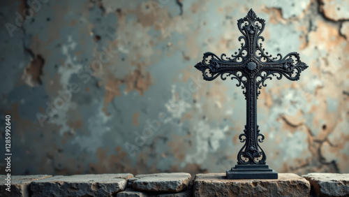 A cross standing atop a brick wall with a peeling blue paint background.