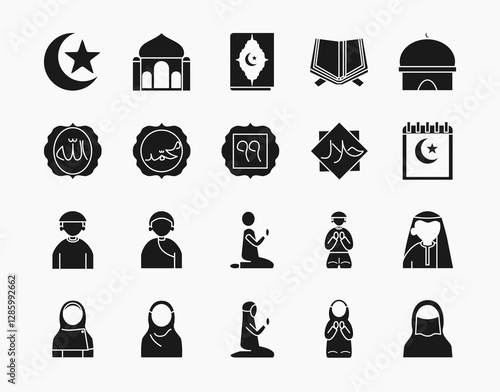 Islamic outline in a minimalist glyph style Icon Set. Ideal for Ramadan, Islamic events, and religious-themed designs.