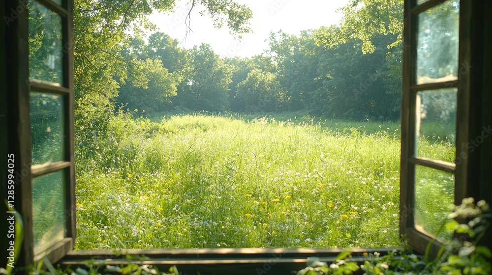 Sunny field view from rustic window; peaceful nature scene Sunny field view from rustic window; peaceful nature scene