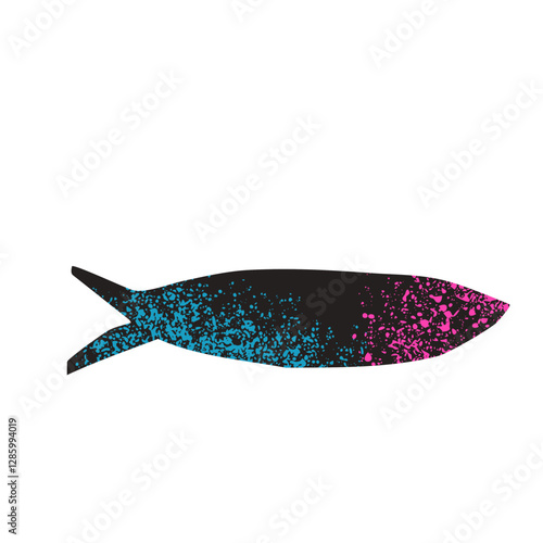 Simple grainy textured fish. Sardine element with noise. Salmon or anchovy silhouettes. Undersea animal. Vector hand drawn cutout collage illustration isolated on white background.