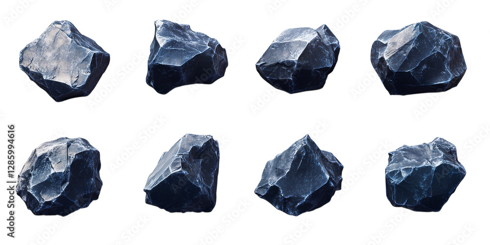 Naklejka premium Set of eight raw black stones on transparent background