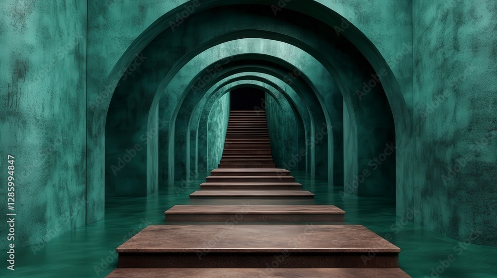 Fototapeta premium Surreal Green Archway and Stairs Leading to Unknown Destination