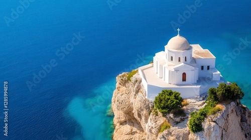 Scenic View of a White Church on a Cliff Overlooking Blue Ocean Waters