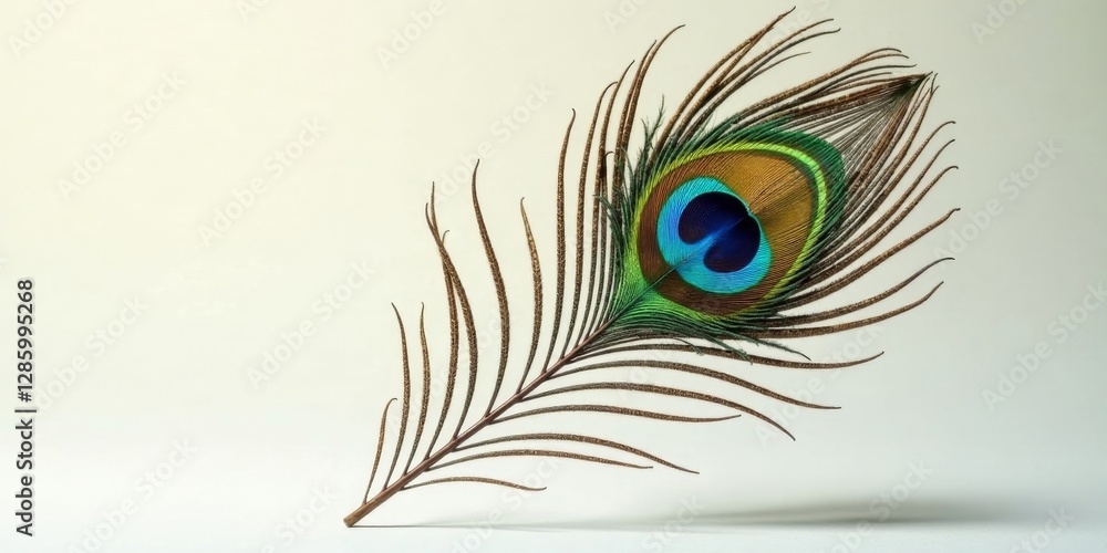 Obraz premium Single iridescent peacock feather isolated on a neutral background, showcasing its intricate details and vibrant colors, a symbol of beauty and elegance.