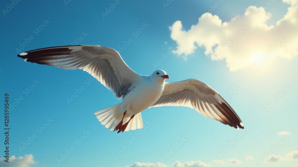 A graceful white seabird soars effortlessly through a vibrant azure sky, its wings outstretched against a backdrop of fluffy white clouds and a radiant sun. A graceful white seabird soars effortlessly through a vibrant azure sky, its wings outstretched against a backdrop of fluffy white clouds and a radiant sun.