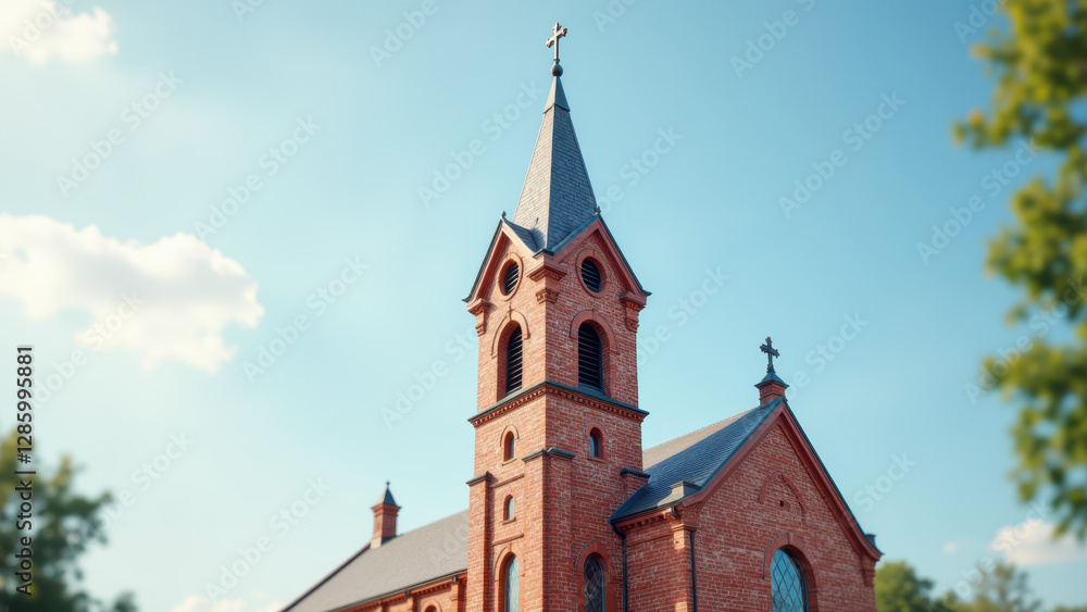 Fototapeta premium A modern Christian church with a tall spire under a blue sky.