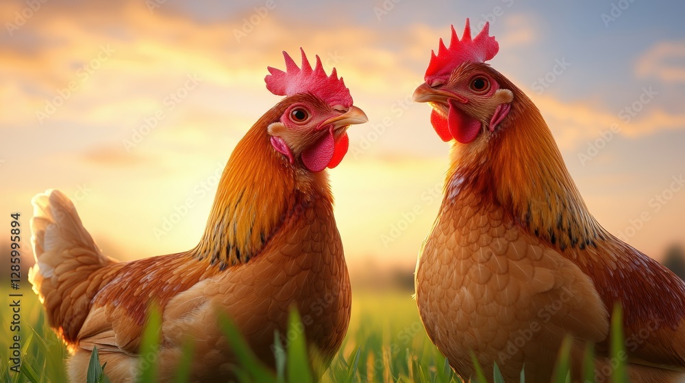 Fototapeta premium Two Golden Chickens Standing in a Green Field, Bathed in the Warm Light of the Setting Sun