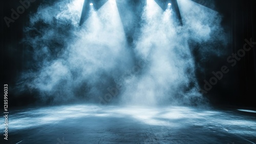 Stage with swirling fog creating a dramatic atmosphere under powerful spotlight beams.