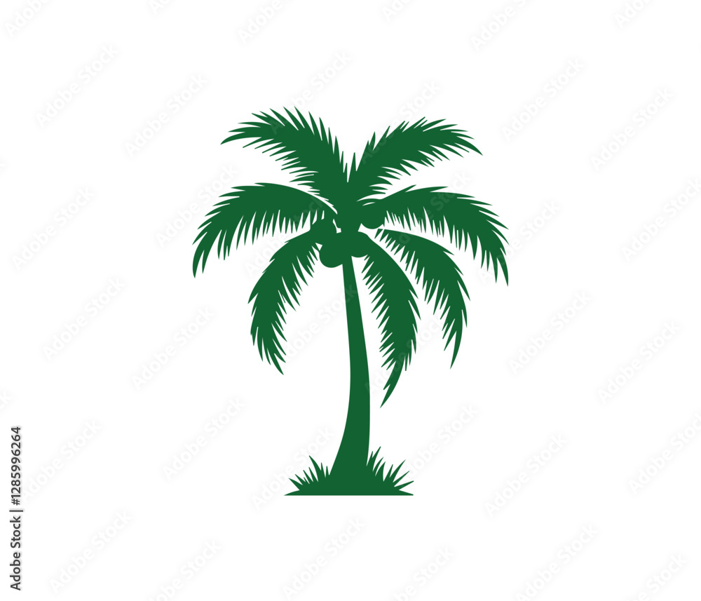 Obraz premium A bold, black and dark green silhouette of a palm tree against a pure white background.