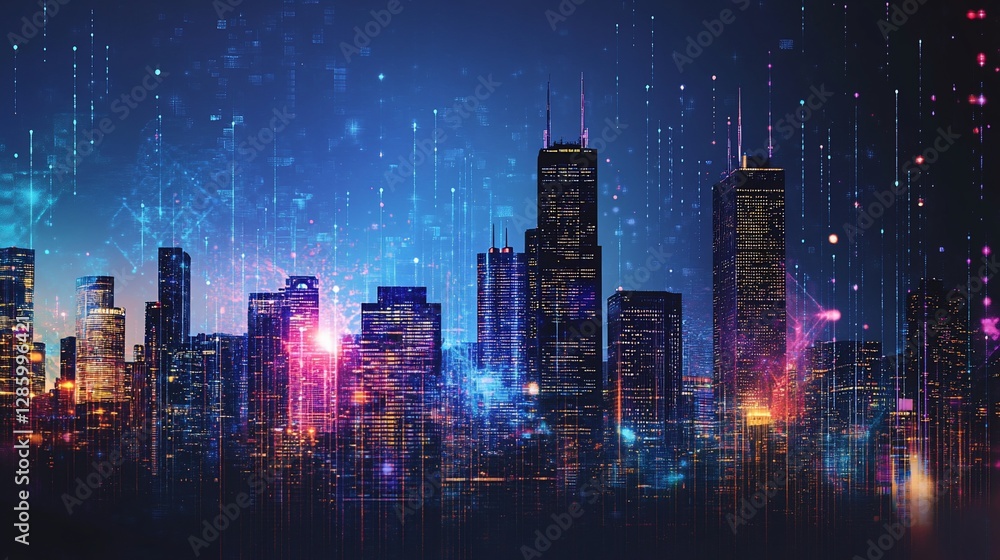 Obraz premium Digital Metropolis: Futuristic Cityscape with Data Streams and Connections