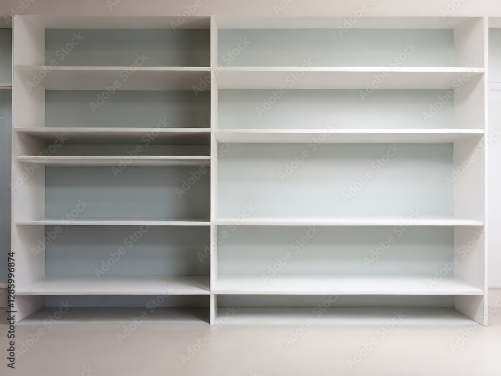 Empty white shelves in a modern room, nobody inside, interior design concept mock-up Empty white shelves in a modern room, nobody inside, interior design concept mock-up