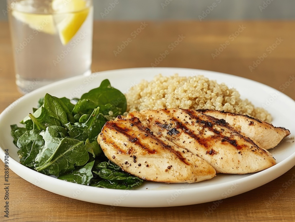 Grilled chicken breast, quinoa, and spinach meal on a plate, with water and lemon Grilled chicken breast, quinoa, and spinach meal on a plate, with water and lemon