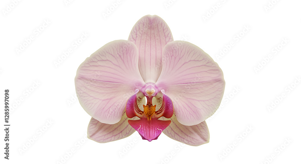 A Stunning Close Up of a Delicate Pink Orchid Flower on a White Background, Exquisite Petals and Vibrant Colors A Stunning Close Up of a Delicate Pink Orchid Flower on a White Background, Exquisite Petals and Vibrant Colors