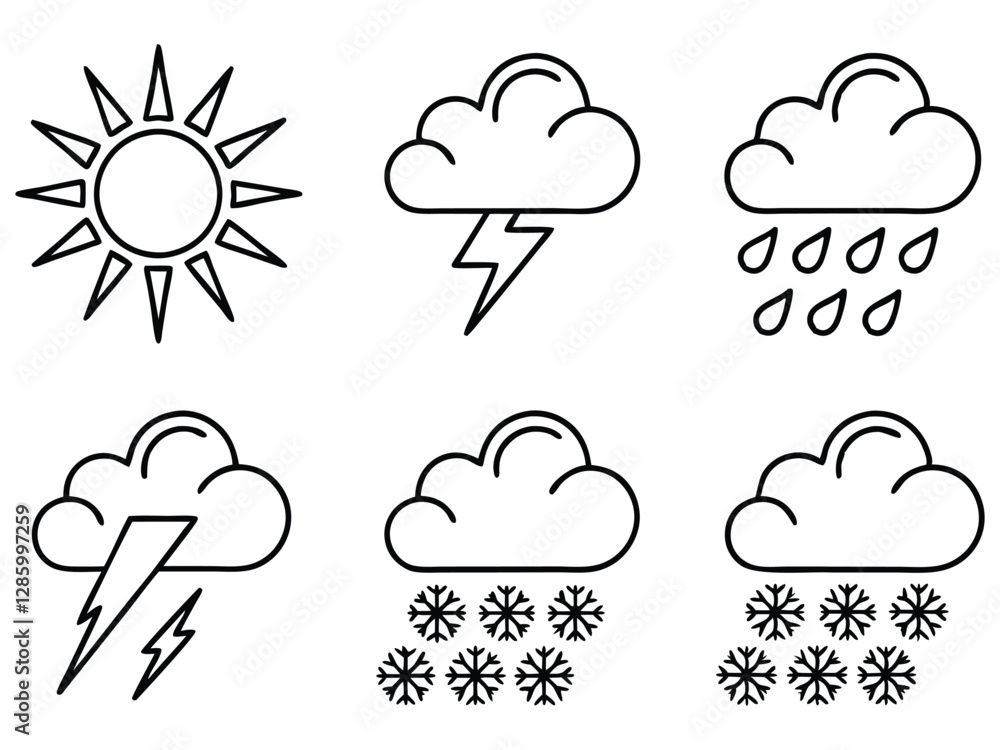 Set of Weather Icons - Sun, Cloud, Lightning, Rain, Snow, and Thunderstorm in Simple Line Art Style Set of Weather Icons - Sun, Cloud, Lightning, Rain, Snow, and Thunderstorm in Simple Line Art Style