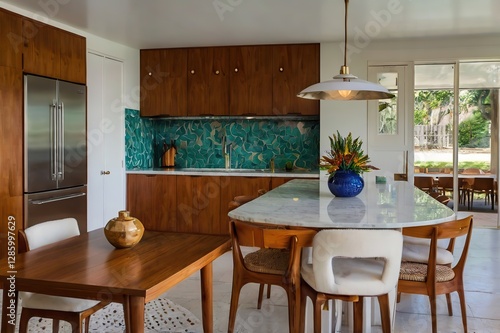 Mid-Century Modern Kitchen and Dining Area with Walnut Cabinets, Vibrant Teal Marble Backsplash, and Marble-Topped Island